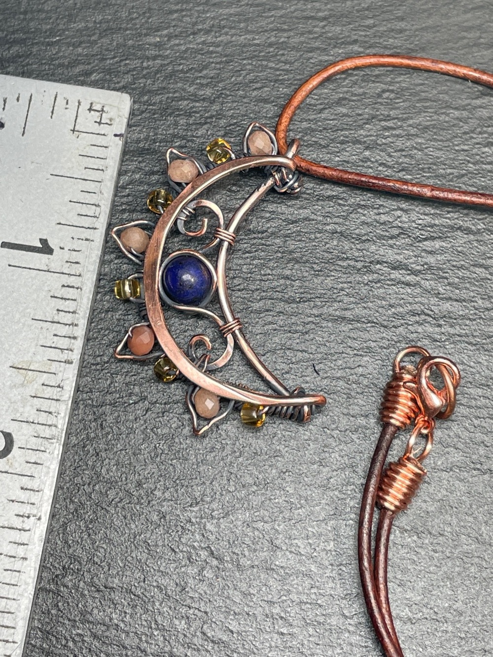 Moon in the Wild Handmade Crescent Necklace — Copper with Lapis And Sunstones - Picture 13 of 13